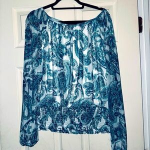 Harper Paisley Blue/Turquoise Blouson Top - NWT  Size L
